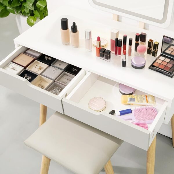 Alivio Vanity Dressing Table Set with Rectangle LED Adjustable Light Mirror, 2 Storage Drawer & Stool 80 x 40 x 129cm (Grey) - Image 5