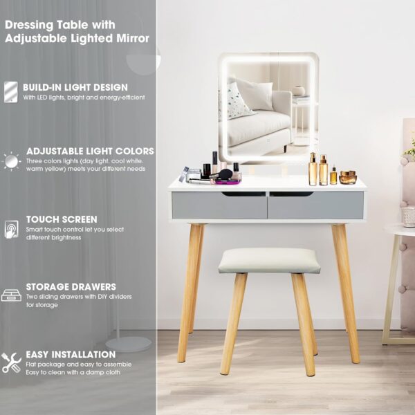 Alivio Vanity Dressing Table Set with Rectangle LED Adjustable Light Mirror, 2 Storage Drawer & Stool 80 x 40 x 129cm (Grey) - Image 3