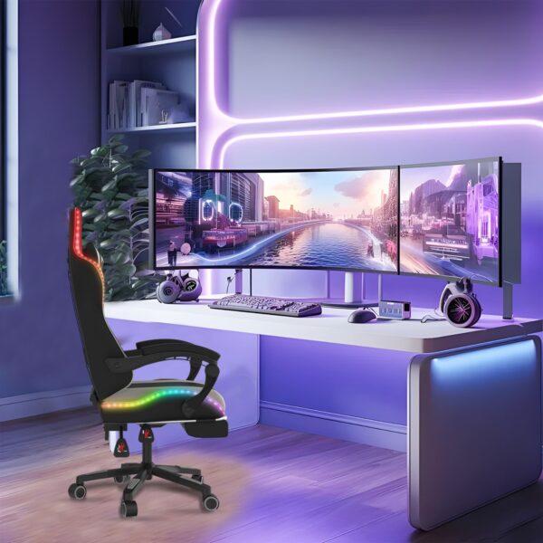 Alivio Wireless App Control LED Gaming Chair with Massage Lumbar Cushion & Retractable Footrest, 360° Recline & Swivel Breathable Leather Office Massage Chair, PU Leather Video Game Chair (Grey) - Image 7