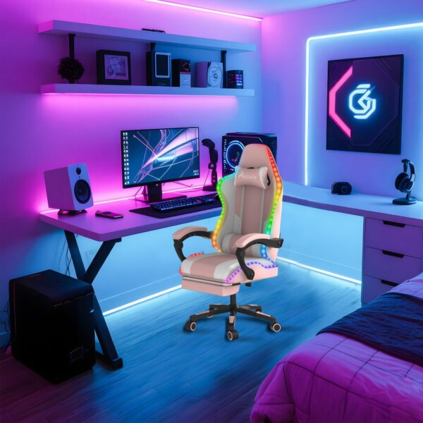 Alivio Wireless App Control LED Gaming Chair with Massage Lumbar Cushion & Retractable Footrest, 360° Recline & Swivel Breathable Leather Office Massage Chair, PU Leather Video Game Chair (Pink) - Image 7
