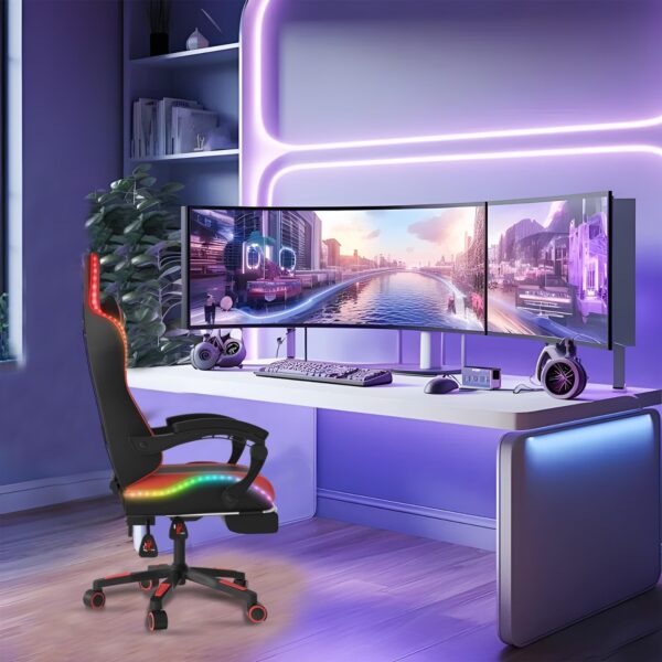Alivio Wireless App Control LED Gaming Chair with Massage Lumbar Cushion & Retractable Footrest, 360° Recline & Swivel Breathable Leather Office Massage Chair, PU Leather Video Game Chair (Red) - Image 7