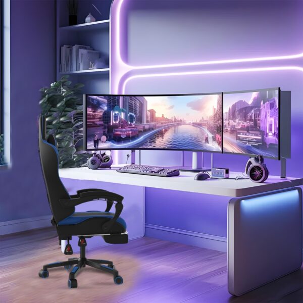 Alivio Ergonomic Gaming Chair with Massage Lumbar Cushion & Retractable Footrest, 360° Recline & Swivel Breathable Leather Office Massage Chair, PU Leather Video Game Chair (Blue) - Image 8
