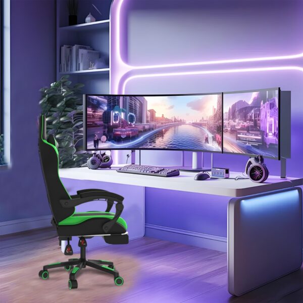 Alivio Ergonomic Gaming Chair with Massage Lumbar Cushion & Retractable Footrest, 360° Recline & Swivel Breathable Leather Office Massage Chair, PU Leather Video Game Chair (Green) - Image 8