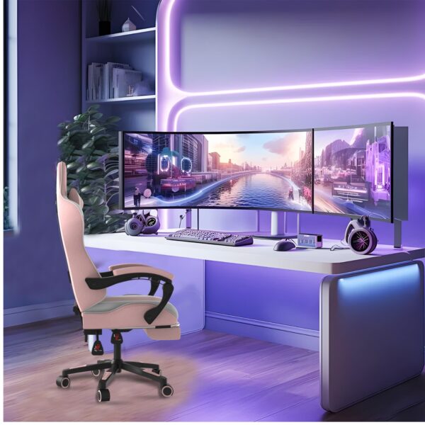 Alivio Ergonomic Gaming Chair with Massage Lumbar Cushion & Retractable Footrest, 360° Recline & Swivel Breathable Leather Office Massage Chair, PU Leather Video Game Chair (Pink) - Image 8