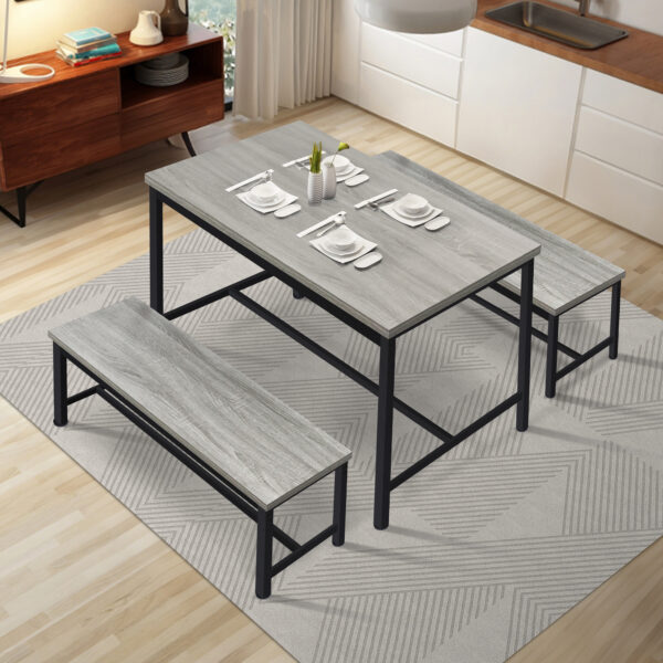 3-Piece Dining Table, Modern Soho Dining Table w/ 2 Benches & Metal Frame, Kitchen Table and Chairs for Living Dining Room (Grey) - Image 8