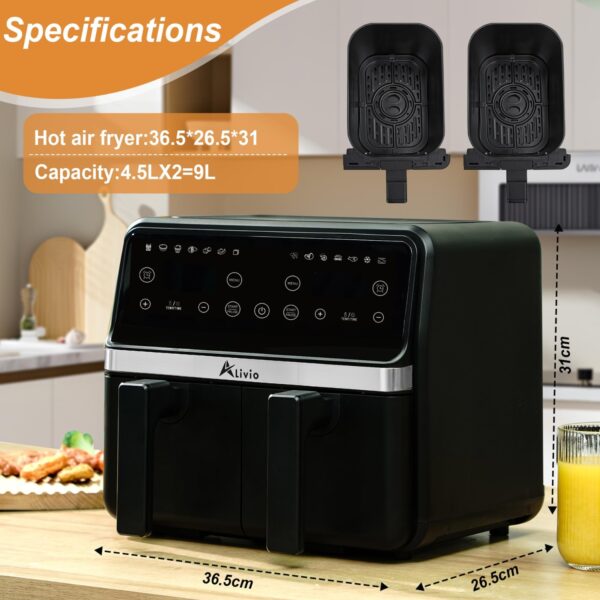 Alivio 9L Dual Basket Air Fryer with LED Touch Screen, 14 Cooking Programs, Independent Temperature Control, 360° Hot Air Circulation, Non-Stick & Dishwasher Safe, Low Oil Healthy Cooking (Black) - Image 8