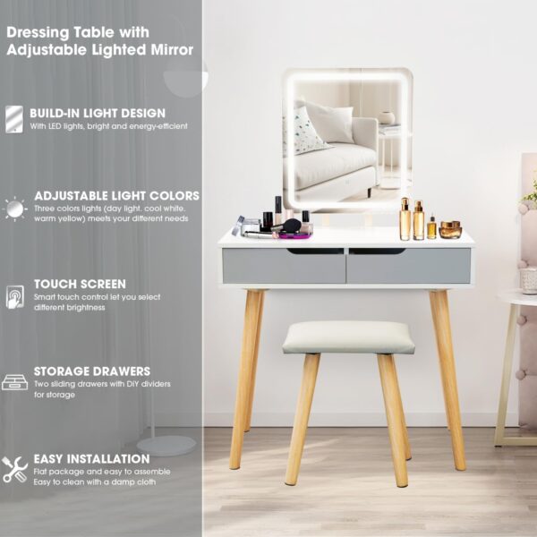 Alivio Vanity Dressing Table Set with Rectangle LED Adjustable Light Mirror, 2 Storage Drawer & Stool 80 x 40 x 129cm (Grey) - Image 8