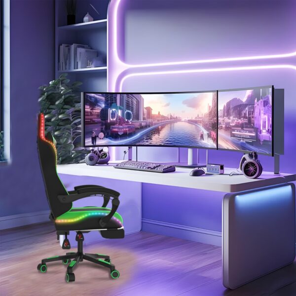 Alivio Wireless App Control LED Gaming Chair with Massage Lumbar Cushion & Retractable Footrest, 360° Recline & Swivel Breathable Leather Office Massage Chair, PU Leather Video Game Chair (Green) - Image 7