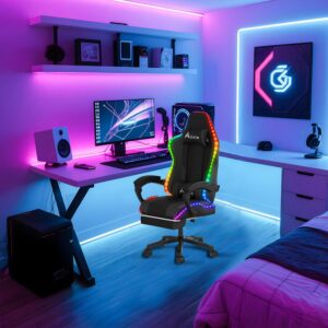 Alivio Wireless App Control LED Gaming Chair with Massage Lumbar Cushion & Retractable Footrest, 360° Recline & Swivel Breathable Leather Office Massage Chair, PU Leather Video Game Chair ( Multi Colour )