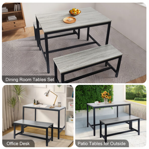 3-Piece Dining Table, Modern Soho Dining Table w/ 2 Benches & Metal Frame, Kitchen Table and Chairs for Living Dining Room (Grey) - Image 9