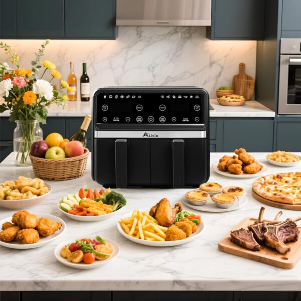 Alivio 9L Dual Basket Air Fryer with LED Touch Screen, 14 Cooking Programs, Independent Temperature Control, 360° Hot Air Circulation, Non-Stick & Dishwasher Safe, Low Oil Healthy Cooking (Black) - Image 9