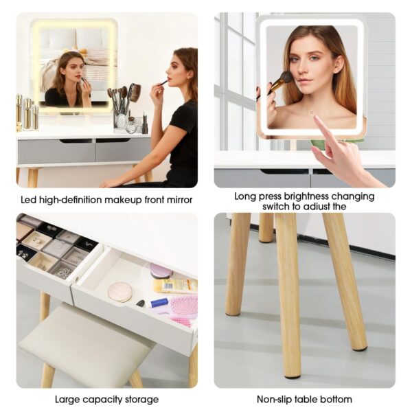 Alivio Vanity Dressing Table Set with Rectangle LED Adjustable Light Mirror, 2 Storage Drawer & Stool 80 x 40 x 129cm (Grey) - Image 9