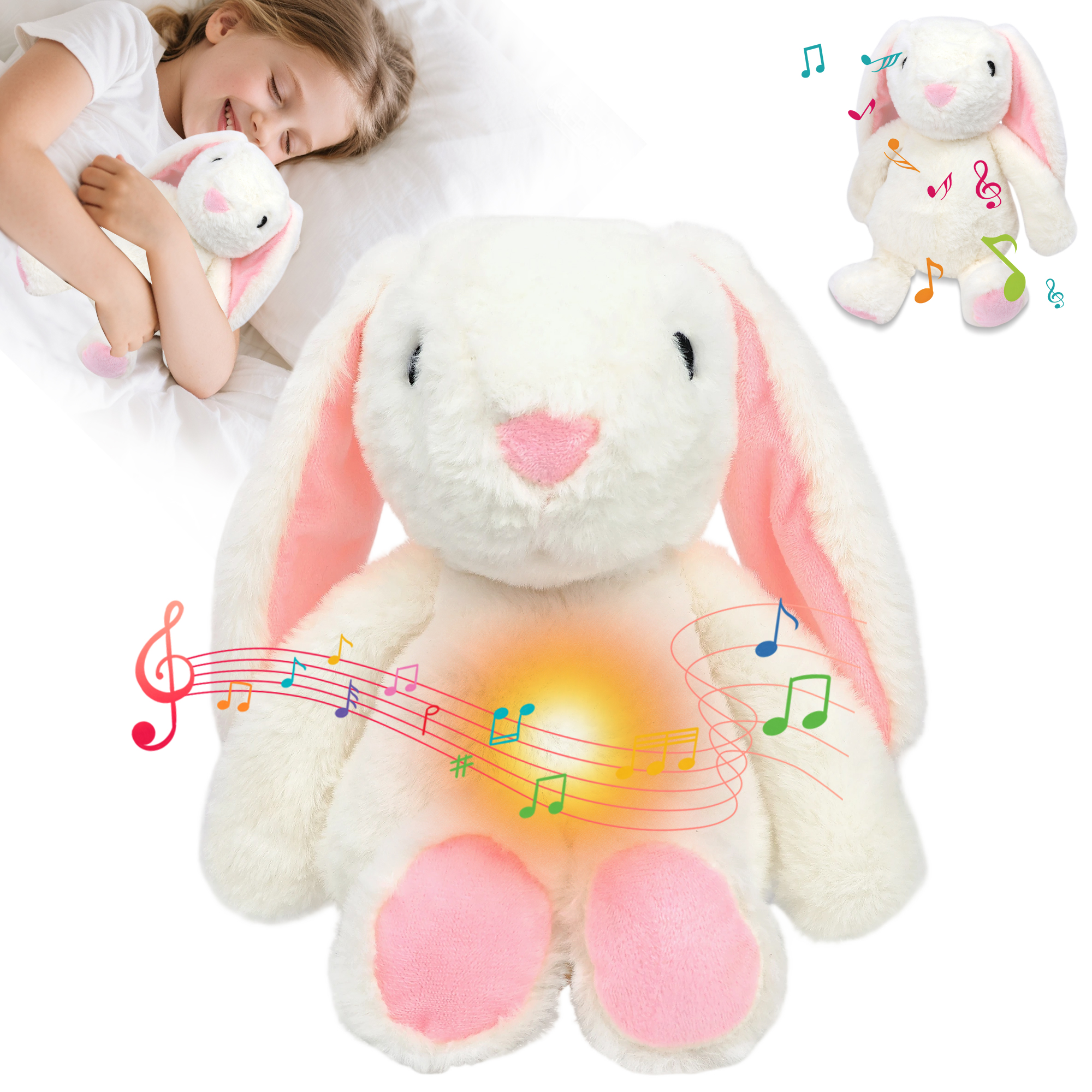 Alivio Singing Music Bunny - Baby Sleep Soother Plush Toy, 4 Modes Music, Breathing, Belly Fluctuation & Warm Light, Ultra Soft Cuddly Bunny for Newborns, Infants & Toddlers (White)