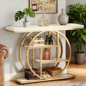 Alivio 4-Tier Console Table with Double Round Metal Frame, Rustic Wood Sofa Table for Entryway/Hallway, Water & Scratch Resistant MDF Top, Modern Narrow Storage Shelf – 105×30×80 cm