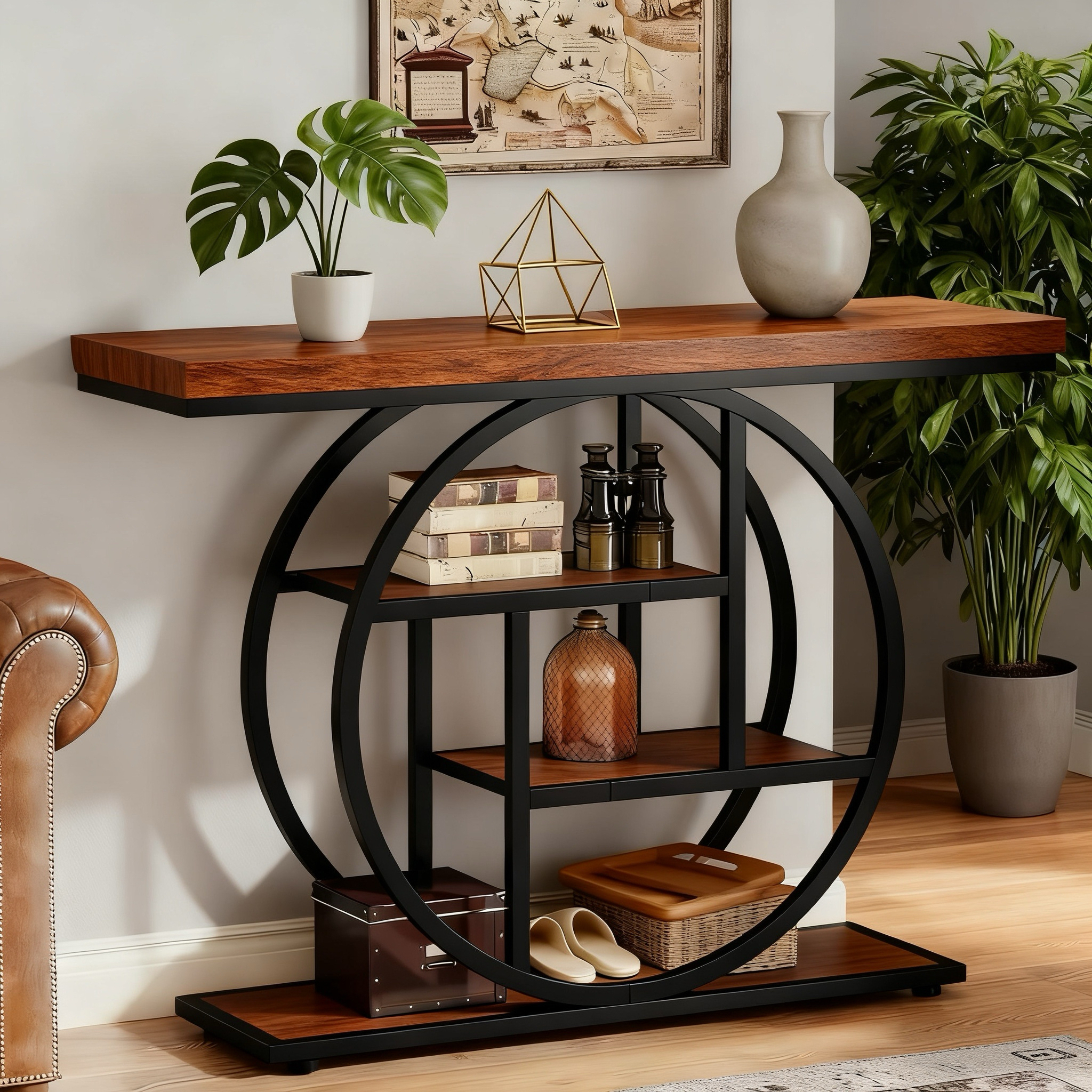 Alivio 4-Tier Console Table with Double Round Metal Frame, Rustic Wood Sofa Table for Entryway/Hallway, Water & Scratch Resistant MDF Top, Modern Narrow Storage Shelf – 105×30×80 cm - Image 7