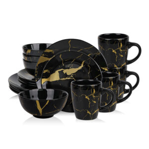 Alivio 16-Piece Premium Porcelain Dinnerware Set – Black & Gold Marble Design, Scratch-Resistant Luxury Tableware Collection