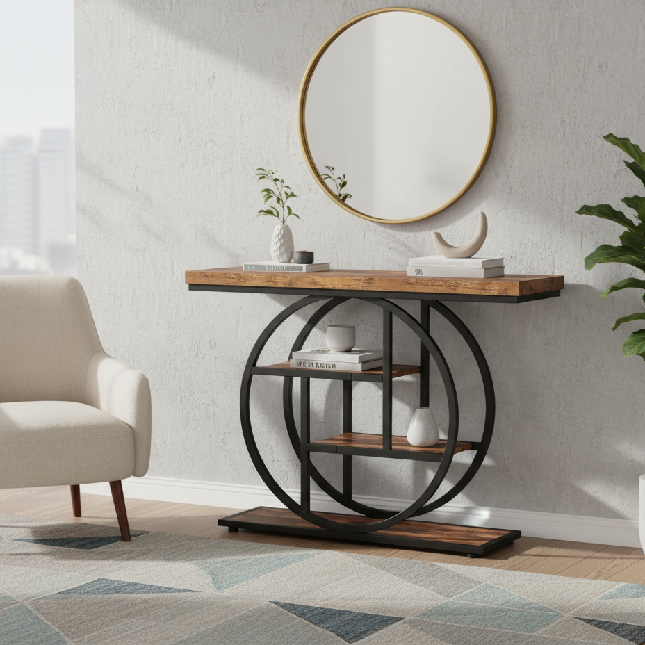 Alivio 4-Tier Console Table with Double Round Metal Frame, Rustic Wood Sofa Table for Entryway/Hallway, Water & Scratch Resistant MDF Top, Modern Narrow Storage Shelf – 105×30×80 cm - Image 3