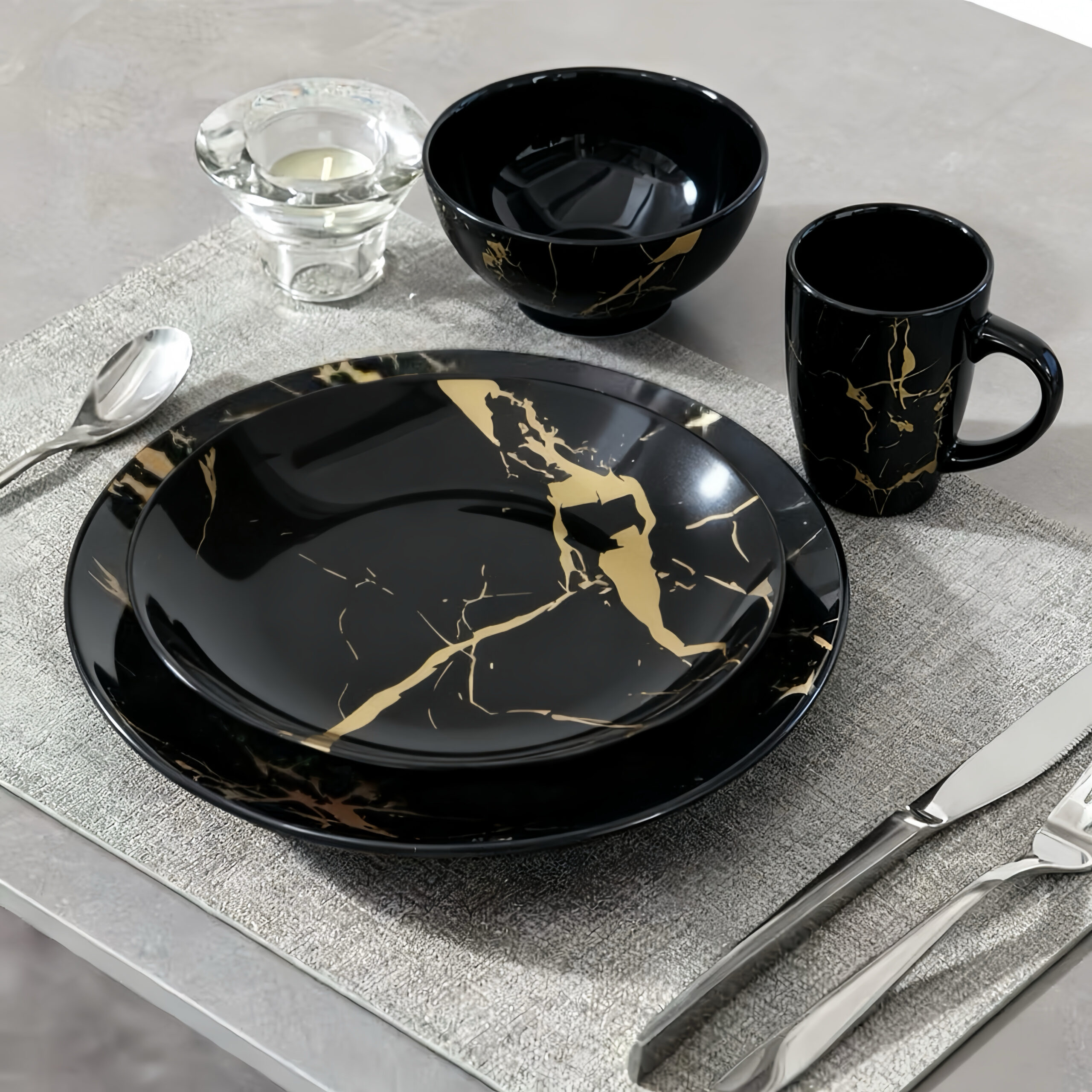 Alivio 16-Piece Premium Porcelain Dinnerware Set – Black & Gold Marble Design, Scratch-Resistant Luxury Tableware Collection - Image 2