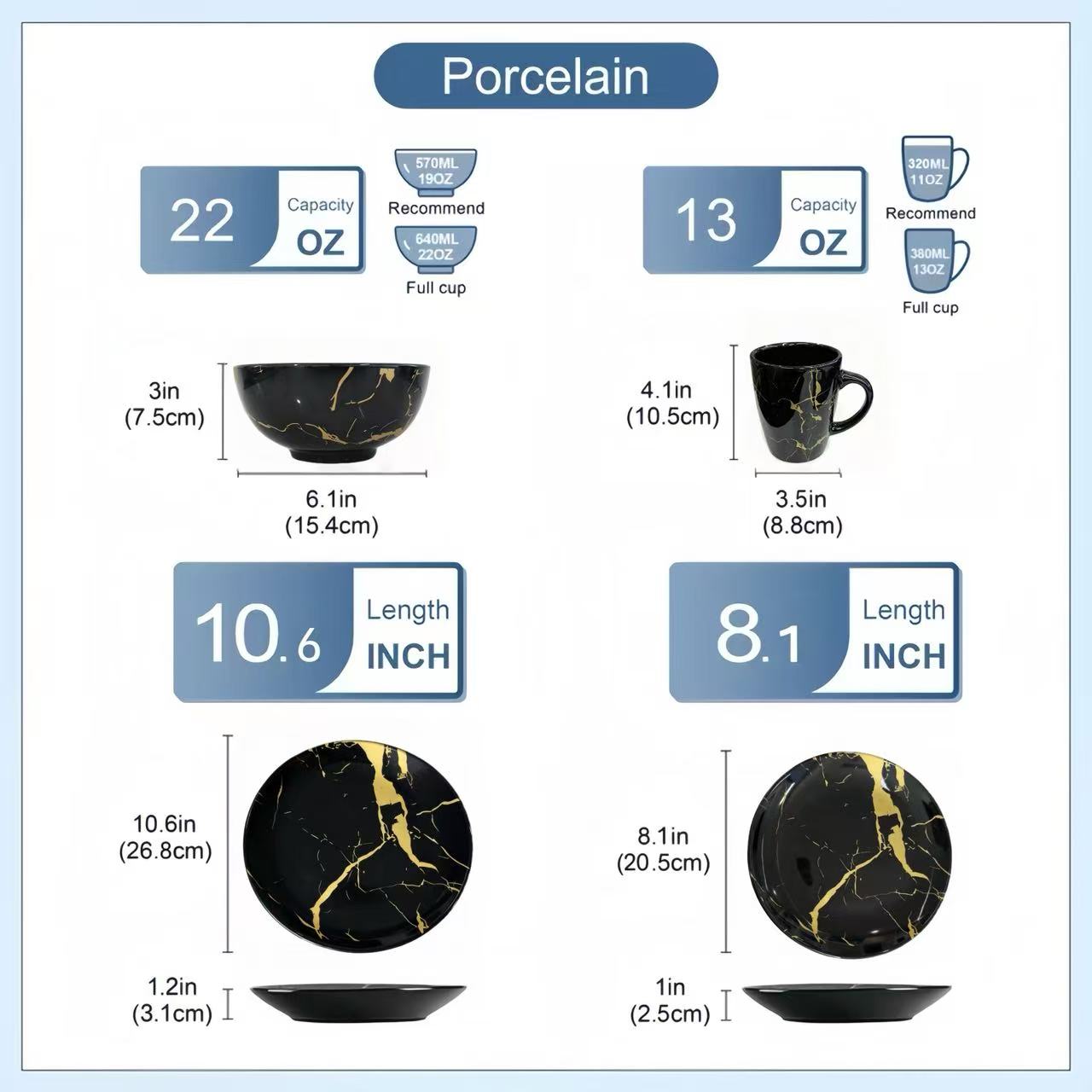 Alivio 16-Piece Premium Porcelain Dinnerware Set – Black & Gold Marble Design, Scratch-Resistant Luxury Tableware Collection - Image 3