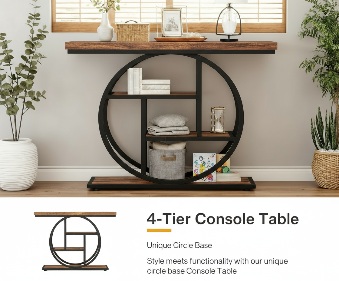 Alivio 4-Tier Console Table with Double Round Metal Frame, Rustic Wood Sofa Table for Entryway/Hallway, Water & Scratch Resistant MDF Top, Modern Narrow Storage Shelf – 105×30×80 cm - Image 10