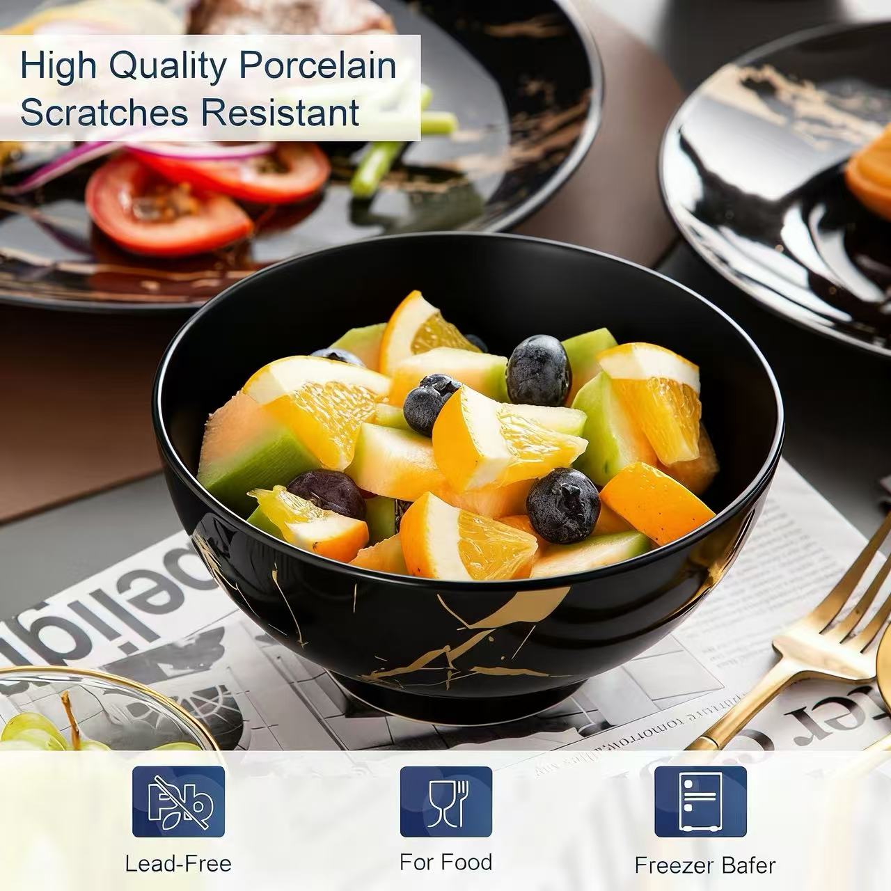 Alivio 16-Piece Premium Porcelain Dinnerware Set – Black & Gold Marble Design, Scratch-Resistant Luxury Tableware Collection - Image 4