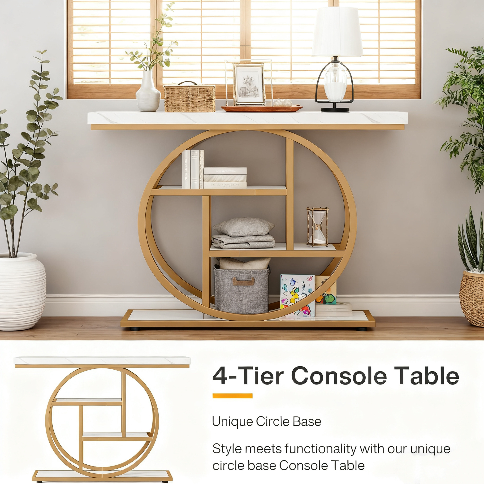 Alivio 4-Tier Console Table with Double Round Metal Frame, Rustic Wood Sofa Table for Entryway/Hallway, Water & Scratch Resistant MDF Top, Modern Narrow Storage Shelf – 105×30×80 cm - Image 9