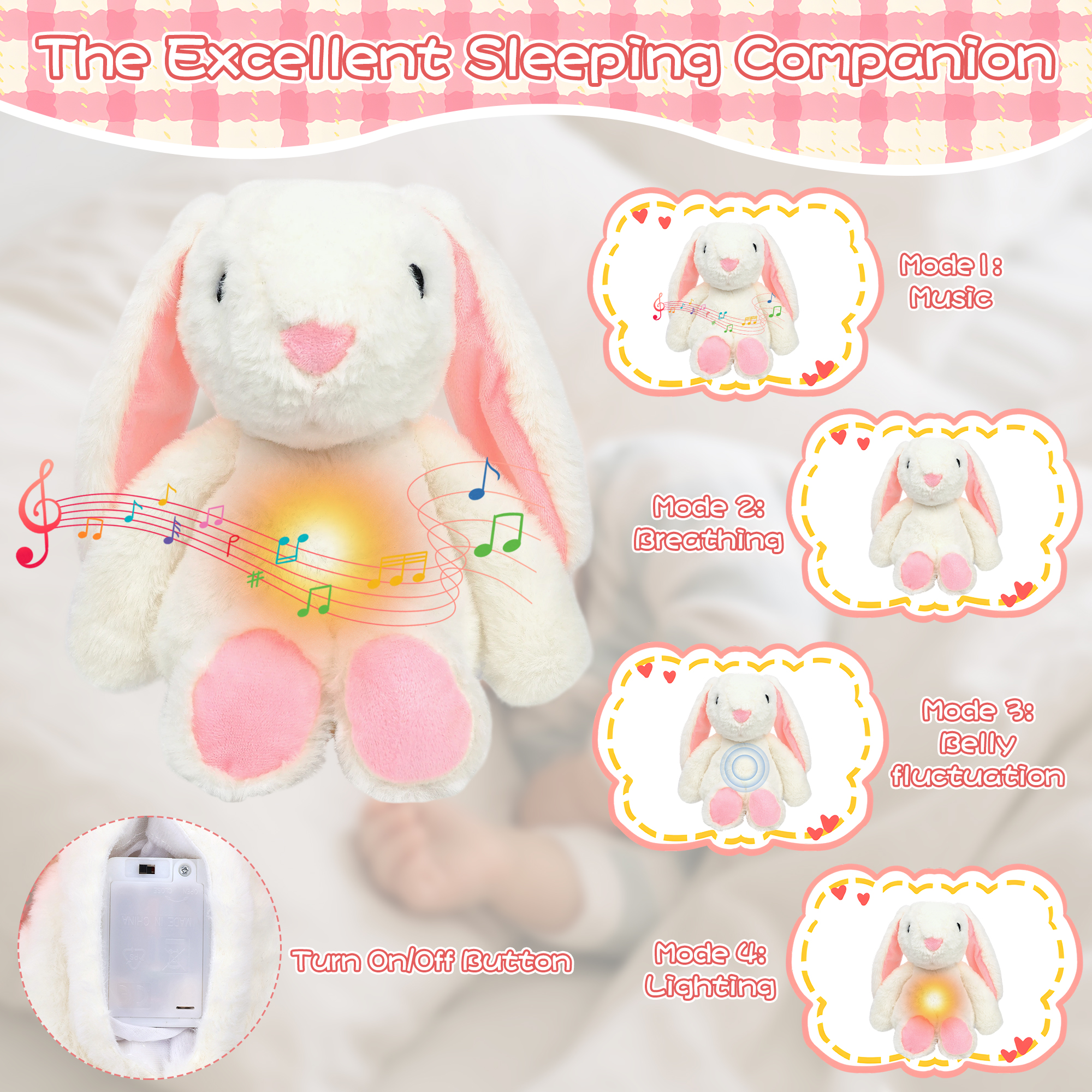 Alivio Singing Music Bunny - Baby Sleep Soother Plush Toy, 4 Modes Music, Breathing, Belly Fluctuation & Warm Light, Ultra Soft Cuddly Bunny for Newborns, Infants & Toddlers (White) - Image 6