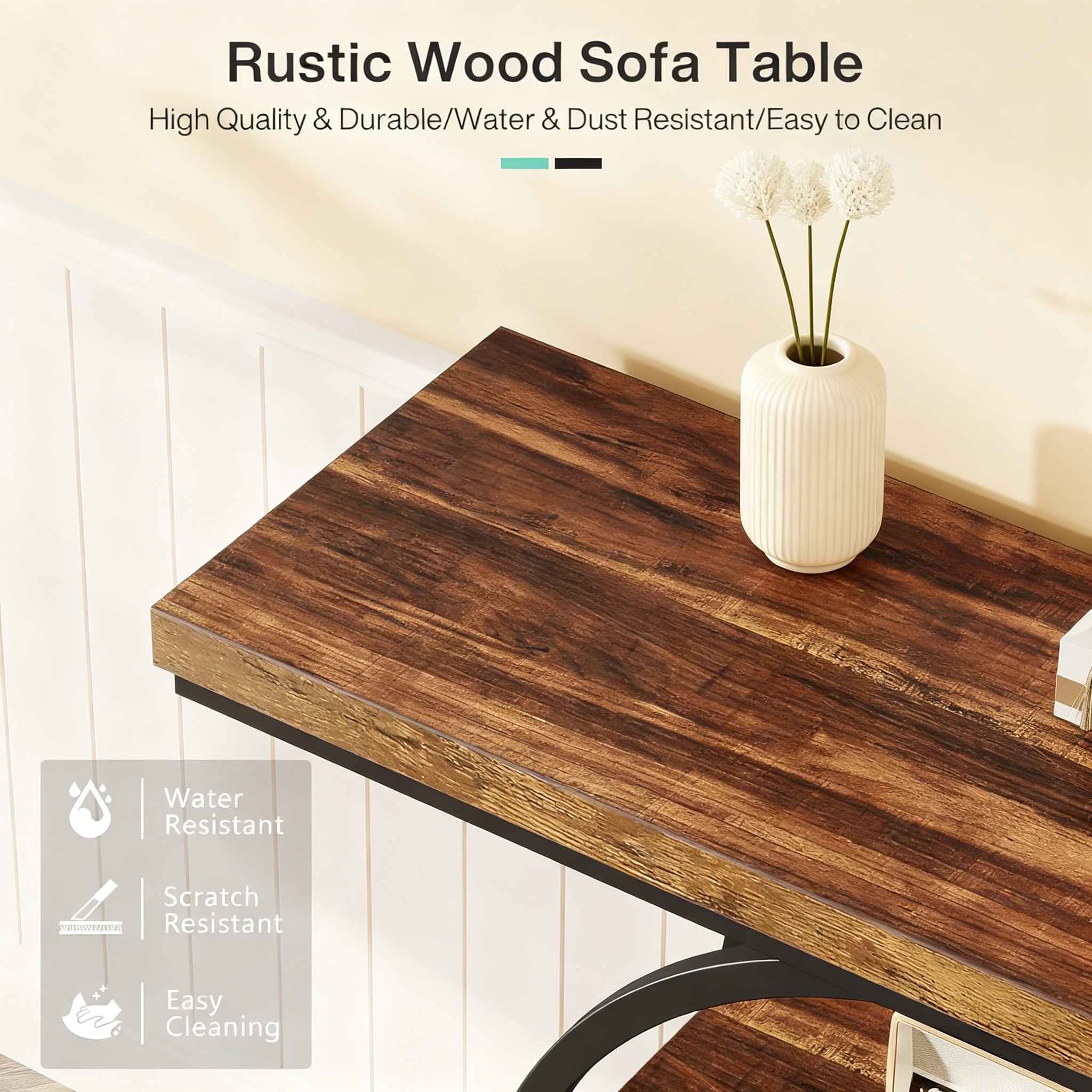 Alivio 4-Tier Console Table with Double Round Metal Frame, Rustic Wood Sofa Table for Entryway/Hallway, Water & Scratch Resistant MDF Top, Modern Narrow Storage Shelf – 105×30×80 cm - Image 14