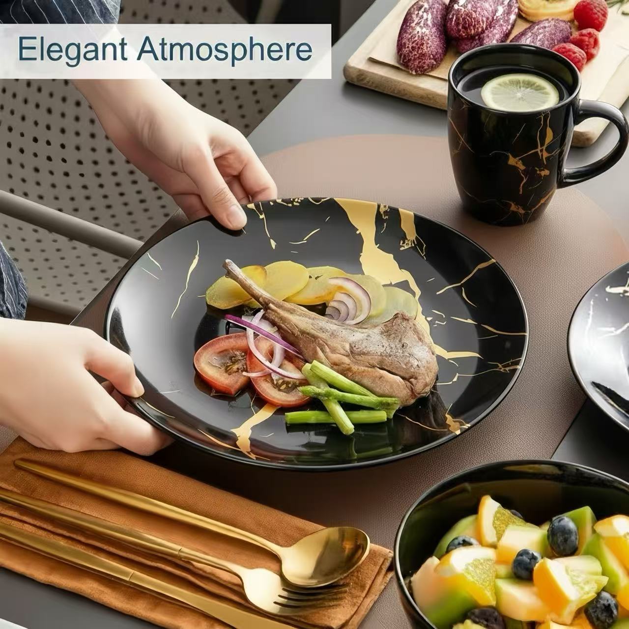 Alivio 16-Piece Premium Porcelain Dinnerware Set – Black & Gold Marble Design, Scratch-Resistant Luxury Tableware Collection - Image 5