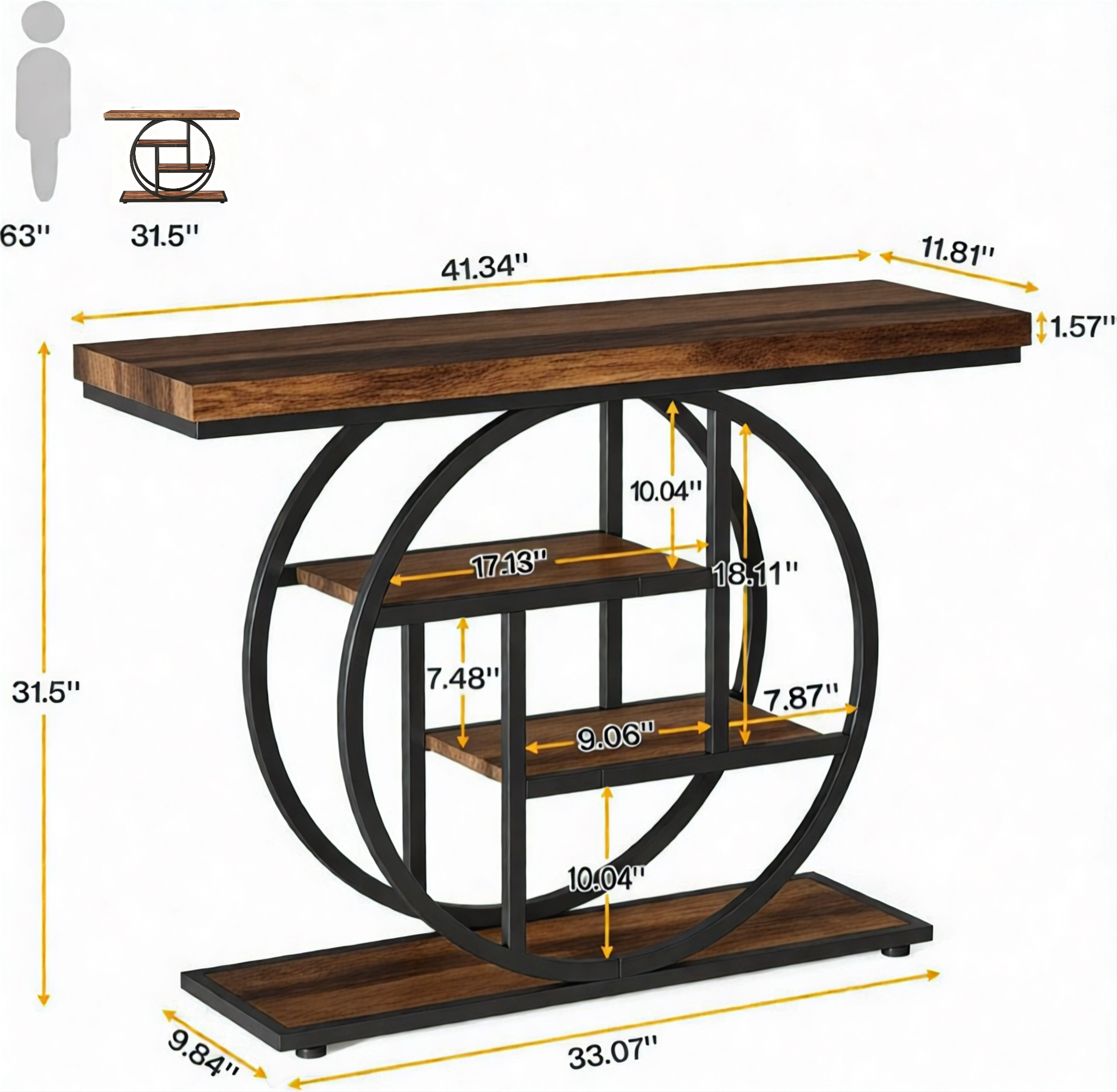 Alivio 4-Tier Console Table with Double Round Metal Frame, Rustic Wood Sofa Table for Entryway/Hallway, Water & Scratch Resistant MDF Top, Modern Narrow Storage Shelf – 105×30×80 cm - Image 16