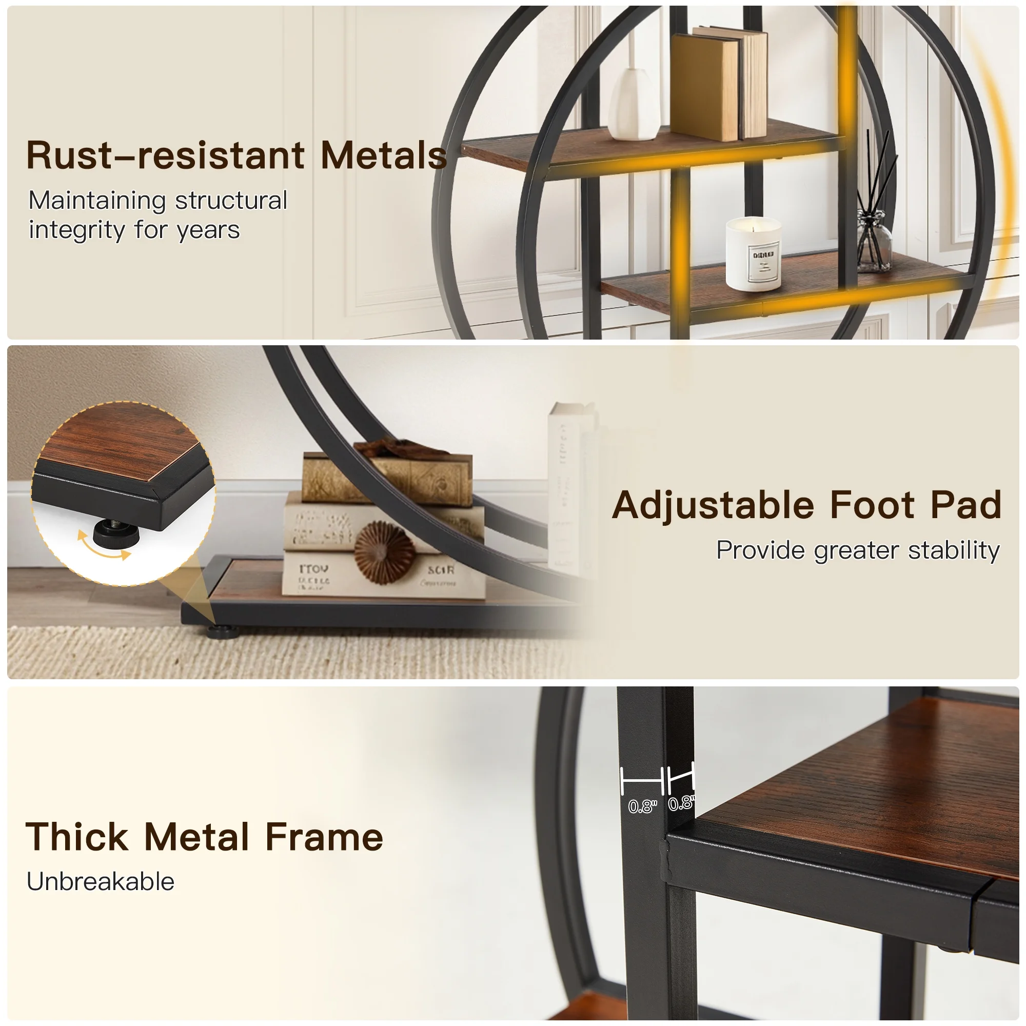 Alivio 4-Tier Console Table with Double Round Metal Frame, Rustic Wood Sofa Table for Entryway/Hallway, Water & Scratch Resistant MDF Top, Modern Narrow Storage Shelf – 105×30×80 cm - Image 20