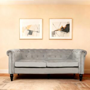 Alivio 2 Seater Button Sofa – Classic Tufted Design, Nailhead Trim Rolled Arms, Extra Large Seat Depth, High Resilient Foam, Solid Wood Frame & Legs, Removable Cushion Covers (Grey)