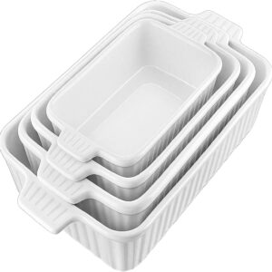 Alivio Ceramic Baking Dish Set – Oven Microwave & Dishwasher Safe Porcelain Bakeware, Freezer Safe Casserole Dishes for Serving Pasta, Baked Dishes, Desserts, Roasting Meats (White, Pack of 4)