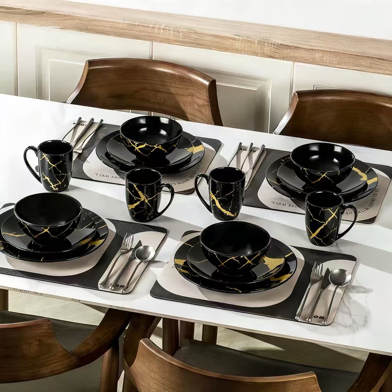 Alivio 16-Piece Premium Porcelain Dinnerware Set – Black & Gold Marble Design, Scratch-Resistant Luxury Tableware Collection - Image 6