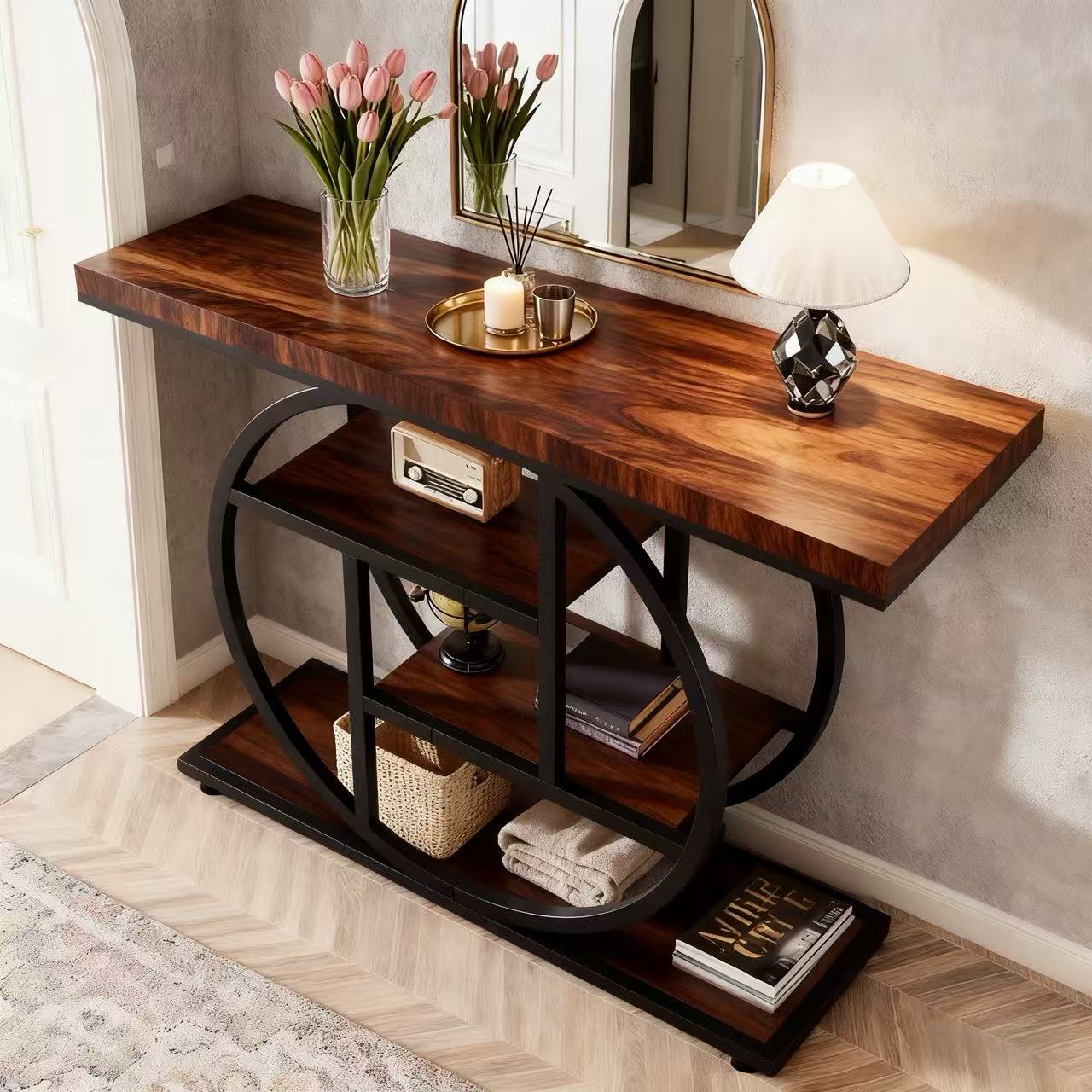 Alivio 4-Tier Console Table with Double Round Metal Frame, Rustic Wood Sofa Table for Entryway/Hallway, Water & Scratch Resistant MDF Top, Modern Narrow Storage Shelf – 105×30×80 cm - Image 24