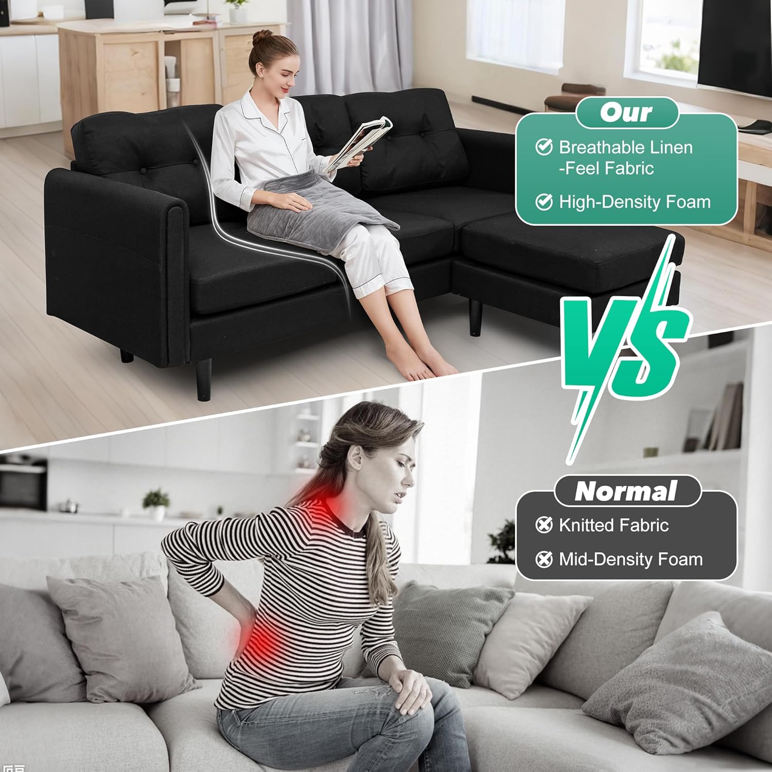 Alvio Modern L-Shaped Sectional Sofa with Movable Chaise – Breathable Linen Fabric, High-Density Foam Cushions, Washable Covers, Flexible Left Right Layout, Sturdy Wood Frame with 400kg Capacity - Image 3