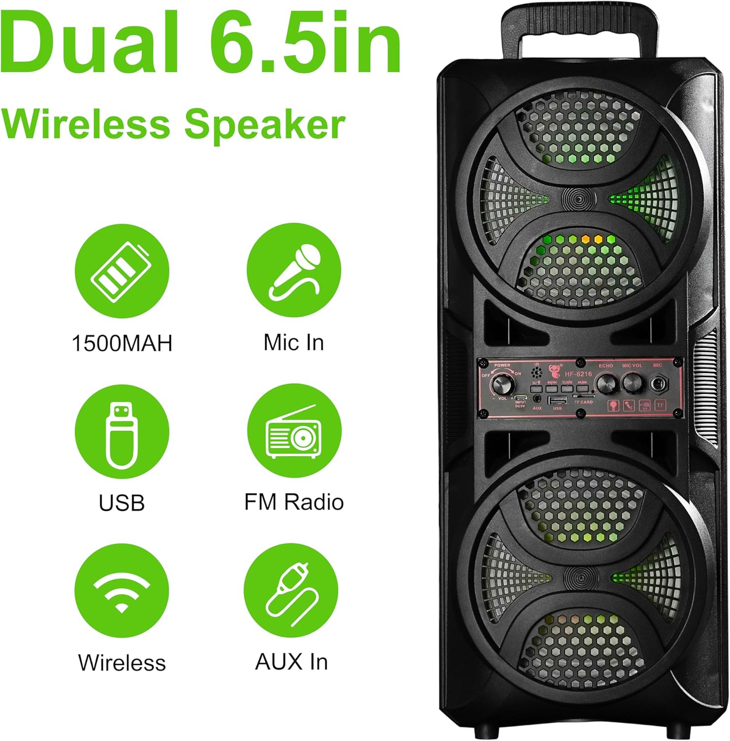 Alivio Portable Dual 6.5" Wireless Bluetooth Speaker with Mic, FM Radio, USB & AUX (Black) - Image 7