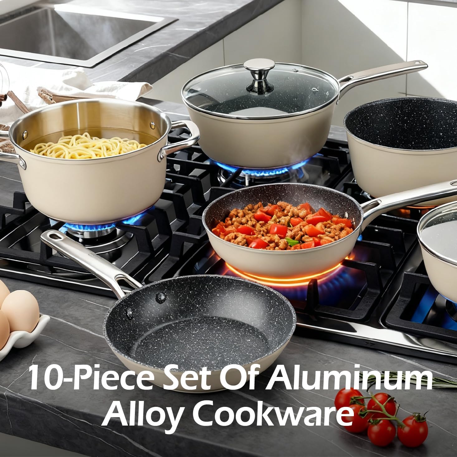 Alivio 10Pc Aluminum Alloy Cookware Set, Compatible with All Cooktops – Induction, Gas, Electric & Halogen - Dishwasher Safe, Non-Stick & Easy to Clean - Image 7