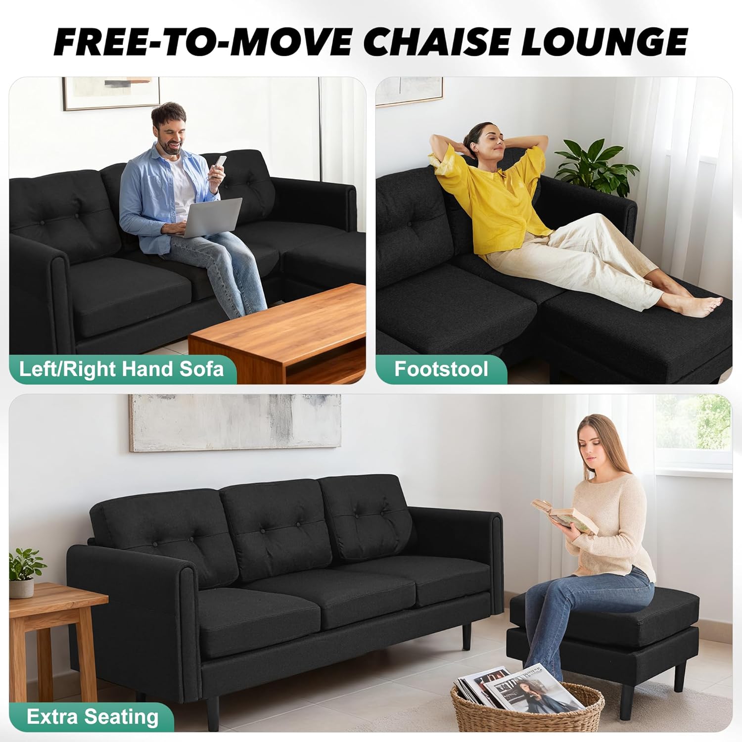 Alvio Modern L-Shaped Sectional Sofa with Movable Chaise – Breathable Linen Fabric, High-Density Foam Cushions, Washable Covers, Flexible Left Right Layout, Sturdy Wood Frame with 400kg Capacity - Image 4