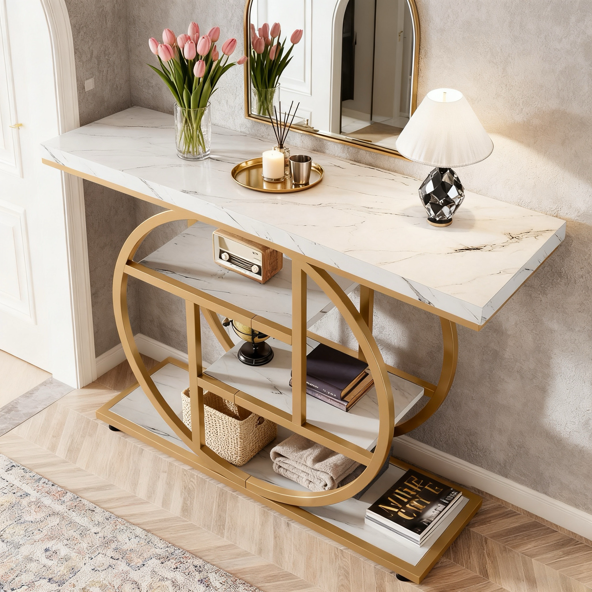 Alivio 4-Tier Console Table with Double Round Metal Frame, Rustic Wood Sofa Table for Entryway/Hallway, Water & Scratch Resistant MDF Top, Modern Narrow Storage Shelf – 105×30×80 cm - Image 17