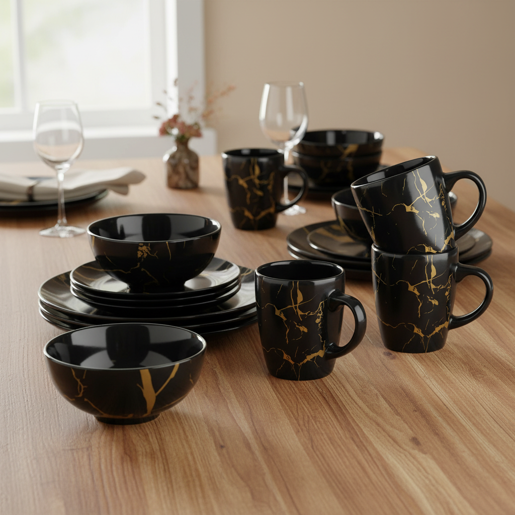 Alivio 16-Piece Premium Porcelain Dinnerware Set – Black & Gold Marble Design, Scratch-Resistant Luxury Tableware Collection - Image 7