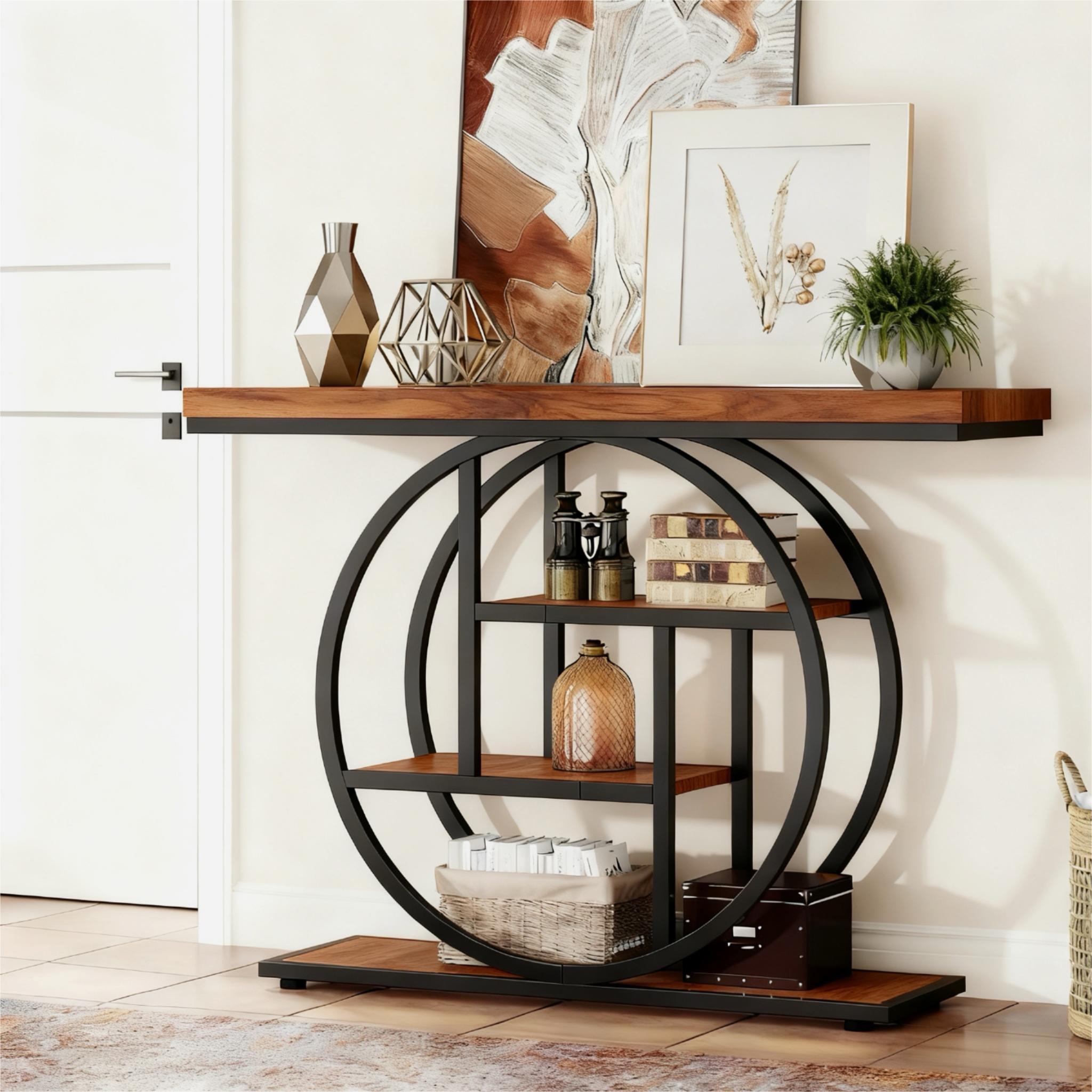 Alivio 4-Tier Console Table with Double Round Metal Frame, Rustic Wood Sofa Table for Entryway/Hallway, Water & Scratch Resistant MDF Top, Modern Narrow Storage Shelf – 105×30×80 cm - Image 25