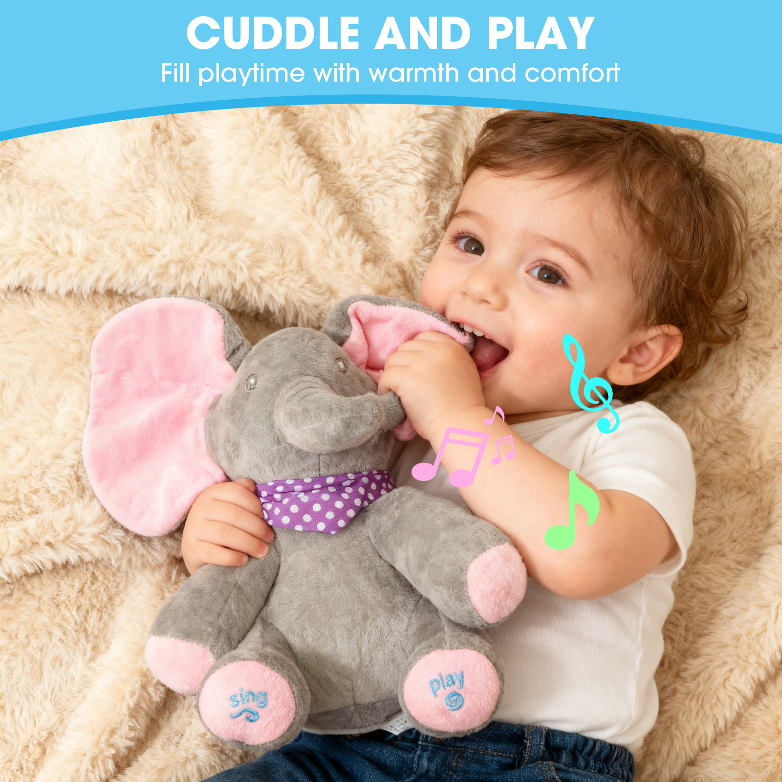 Alivio Peek A Boo Singing Elephant Plush Toy, Talking Singing Elephant Plush Huggable Baby Toy for Baby Toddlers Kids Boys Girls (Blue & Grey / Pink & Grey) - Image 10