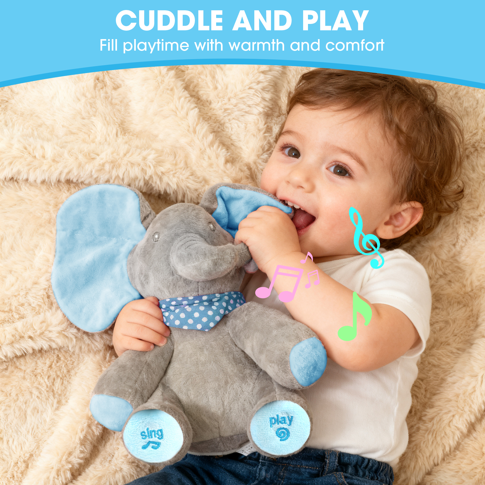 Alivio Peek A Boo Singing Elephant Plush Toy, Talking Singing Elephant Plush Huggable Baby Toy for Baby Toddlers Kids Boys Girls (Blue & Grey / Pink & Grey) - Image 19