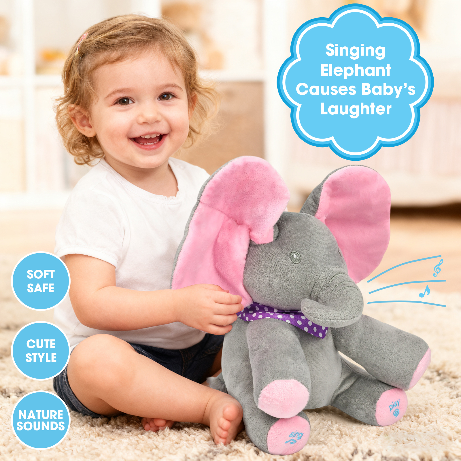 Alivio Peek A Boo Singing Elephant Plush Toy, Talking Singing Elephant Plush Huggable Baby Toy for Baby Toddlers Kids Boys Girls (Blue & Grey / Pink & Grey) - Image 9