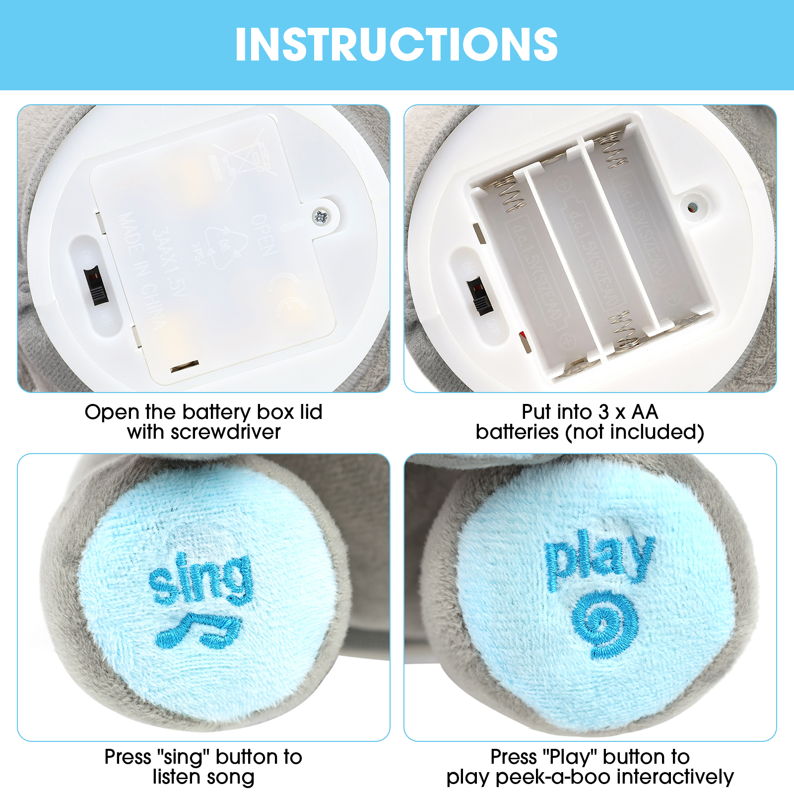 Alivio Peek A Boo Singing Elephant Plush Toy, Talking Singing Elephant Plush Huggable Baby Toy for Baby Toddlers Kids Boys Girls (Blue & Grey / Pink & Grey) - Image 17