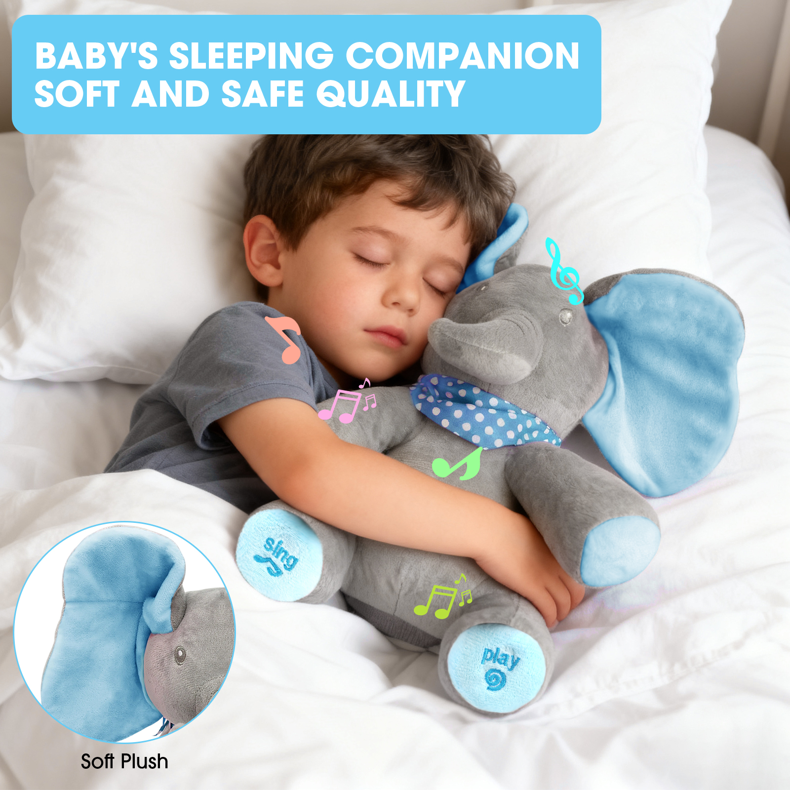 Alivio Peek A Boo Singing Elephant Plush Toy, Talking Singing Elephant Plush Huggable Baby Toy for Baby Toddlers Kids Boys Girls (Blue & Grey / Pink & Grey) - Image 16
