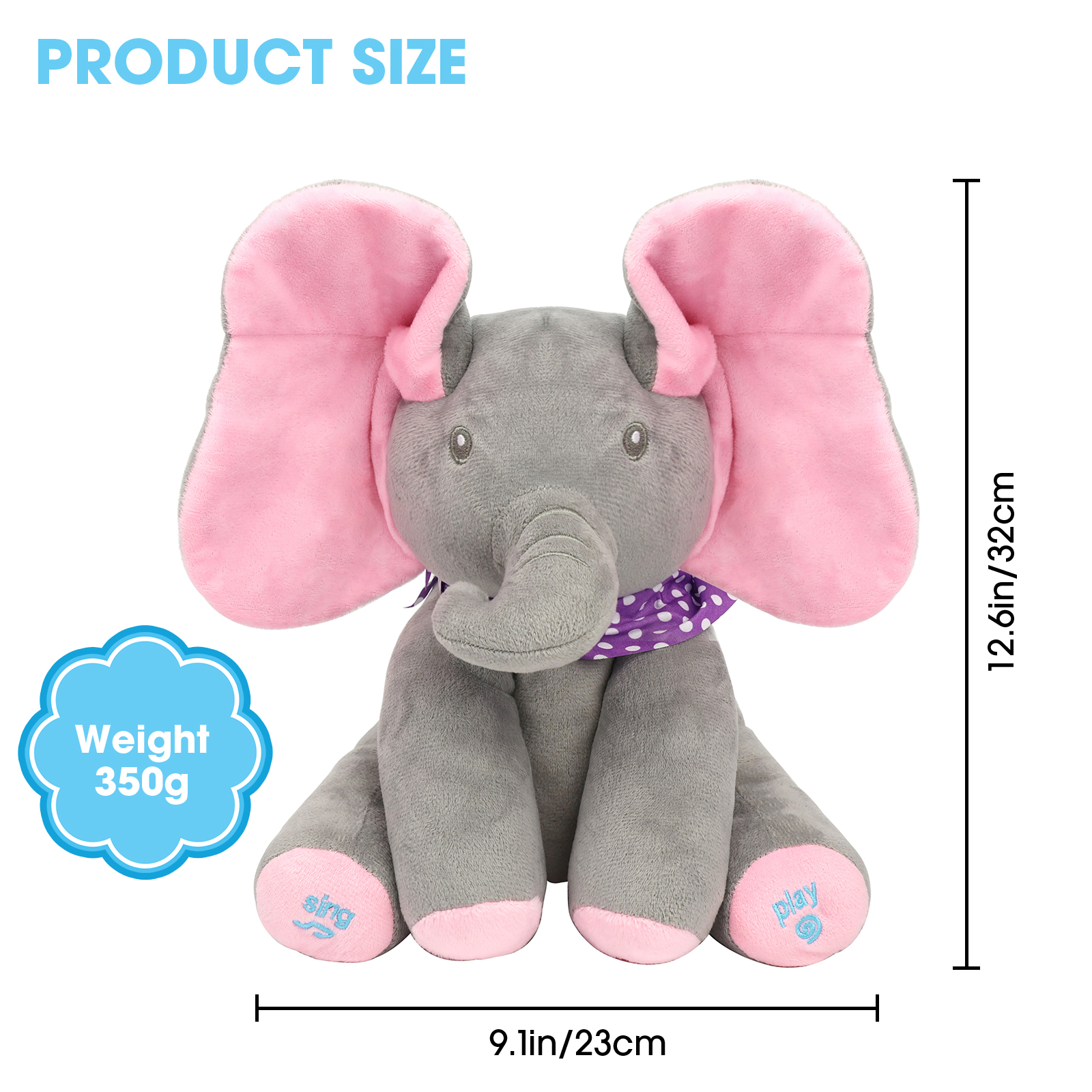 Alivio Peek A Boo Singing Elephant Plush Toy, Talking Singing Elephant Plush Huggable Baby Toy for Baby Toddlers Kids Boys Girls (Blue & Grey / Pink & Grey) - Image 6