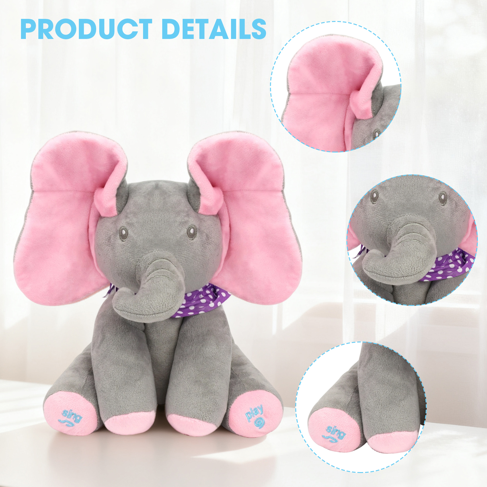 Alivio Peek A Boo Singing Elephant Plush Toy, Talking Singing Elephant Plush Huggable Baby Toy for Baby Toddlers Kids Boys Girls (Blue & Grey / Pink & Grey) - Image 5
