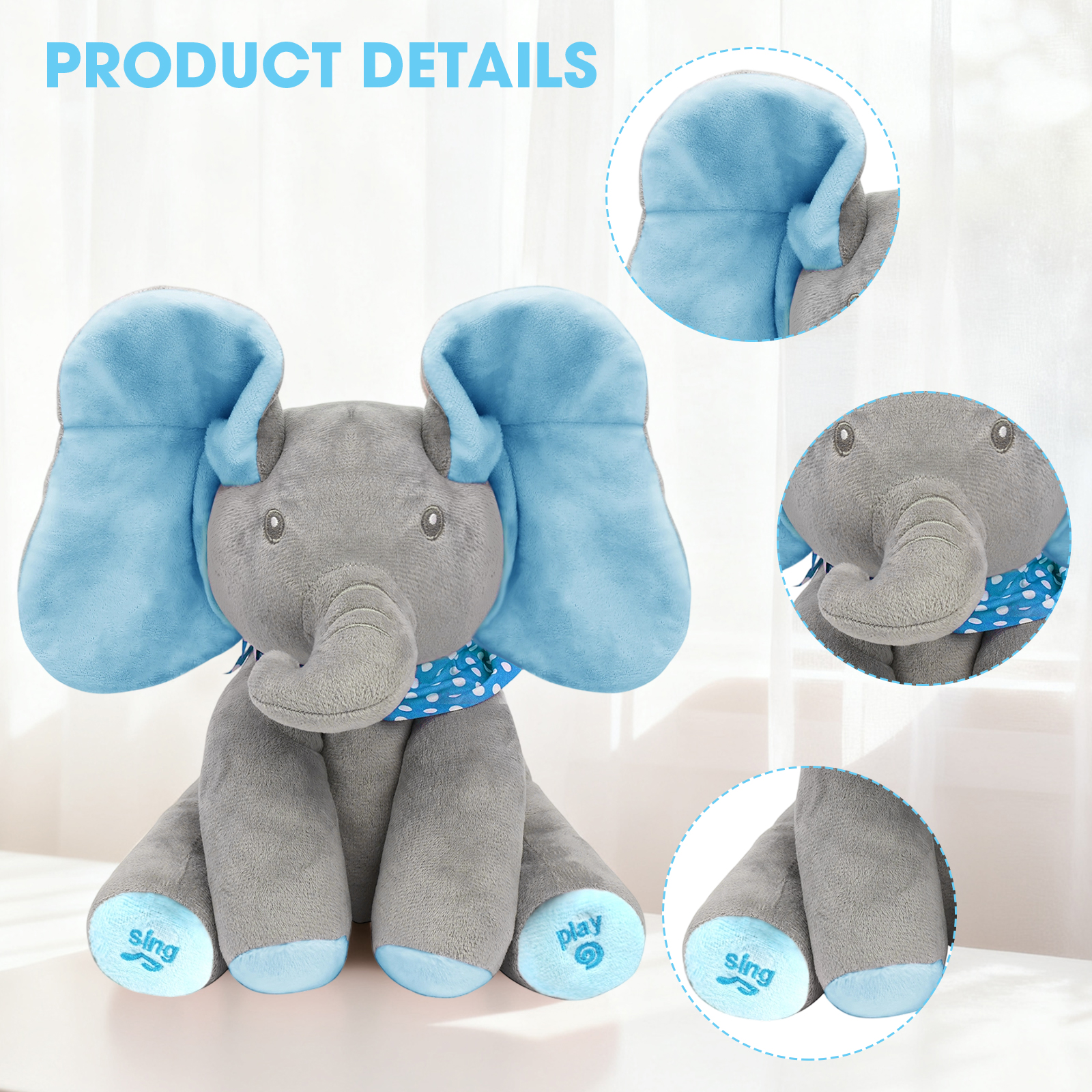 Alivio Peek A Boo Singing Elephant Plush Toy, Talking Singing Elephant Plush Huggable Baby Toy for Baby Toddlers Kids Boys Girls (Blue & Grey / Pink & Grey) - Image 14